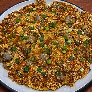 Okonomiyaki pancake topped with savory sauce and chopped green onions