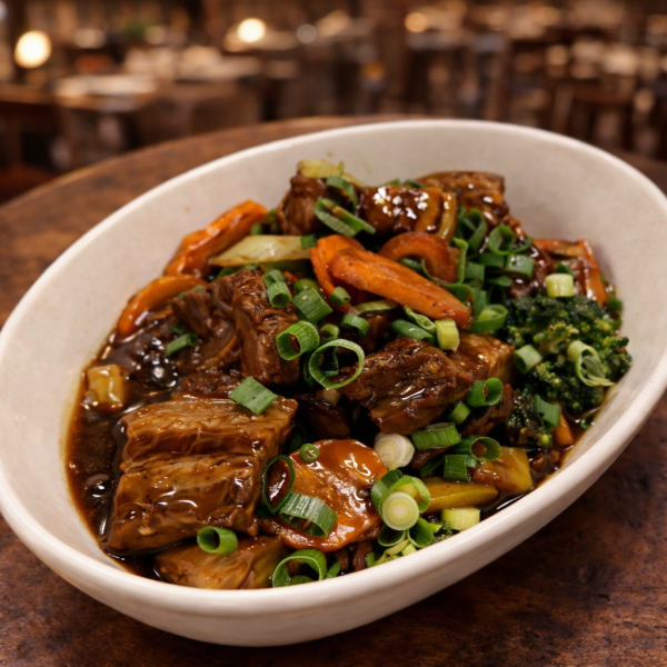 Braised beef chunks with carrots, broccoli, and sliced green onions in a savory brown sauce served in a white bowl
