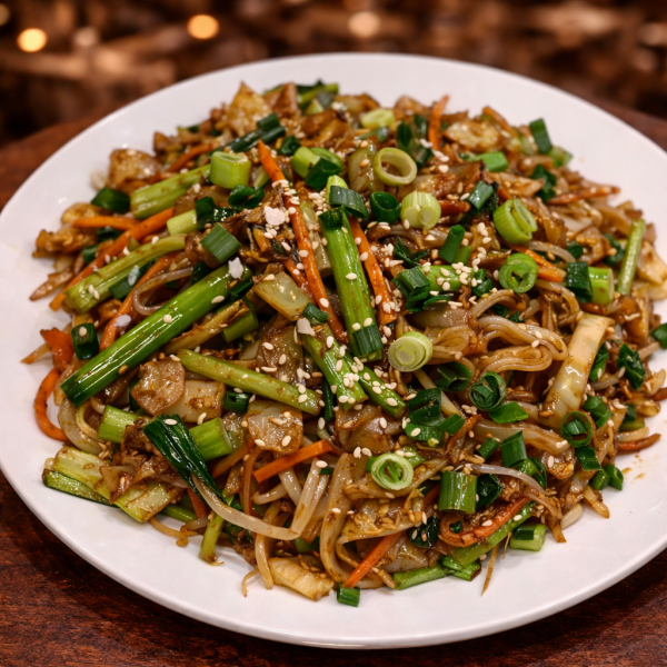 Stir-fried flat rice noodles with vegetables, green onions, and sesame seeds on a white plate