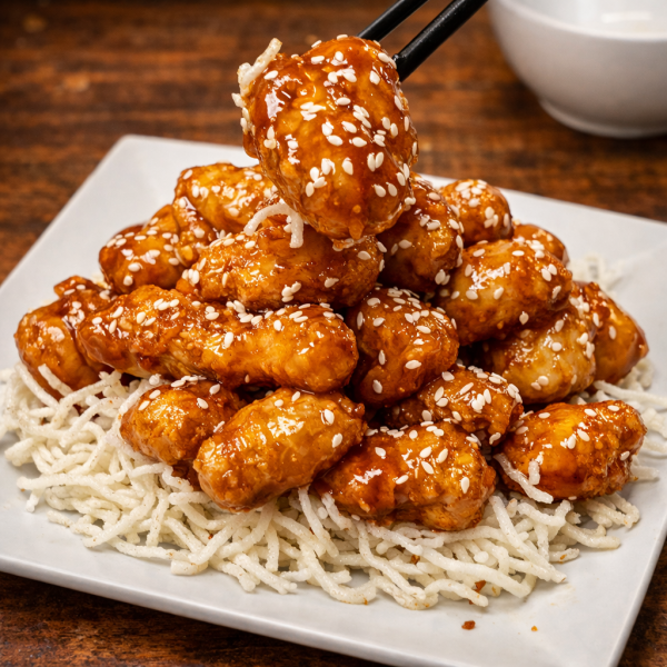 A pile of sesame chicken pieces glazed in a dark sauce, served on a bed of crispy rice noodles with one piece held by chopsticks