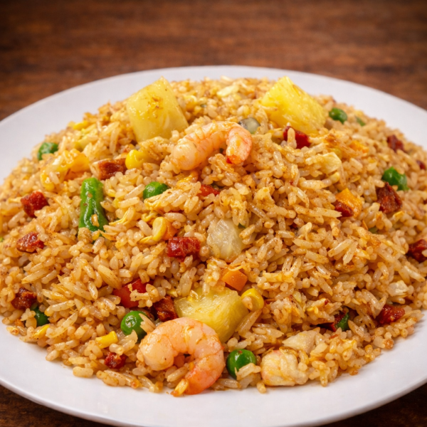 Plate of shrimp fried rice with pineapple chunks, peas, and corn