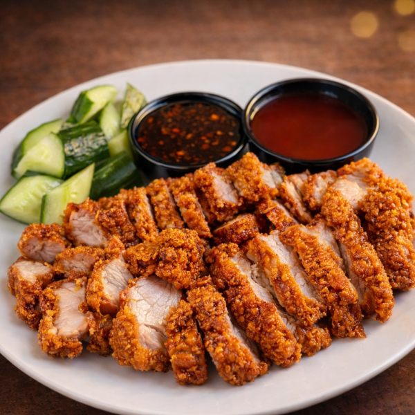 Sliced crispy breaded pork cutlet served with cucumber slices and two dipping sauces