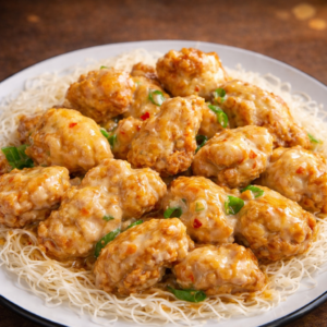Crispy fried chicken pieces coated in a creamy, savory sauce with chili and green onion, served over a bed of thin rice noodles