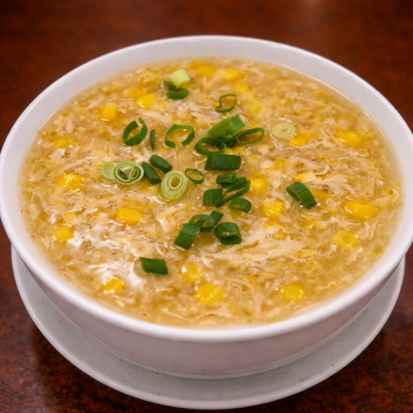 Bowl of chicken and corn soup garnished with sliced green onions