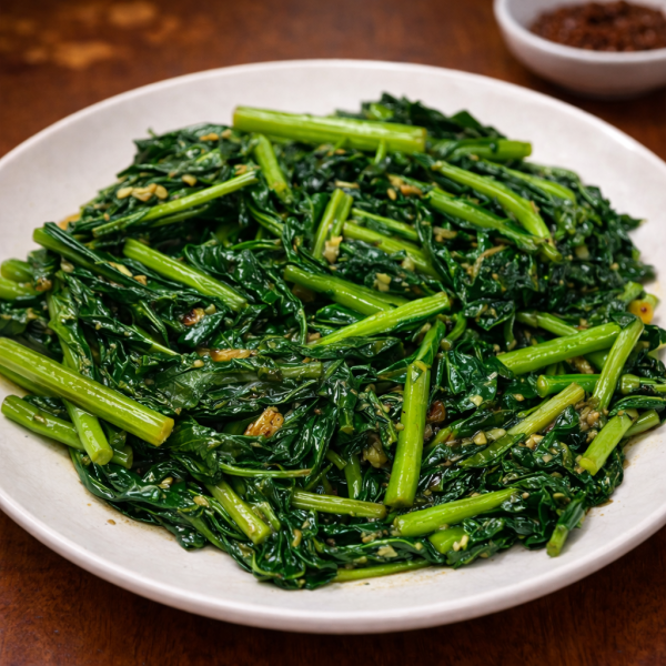 Stir-fried water spinach with garlic on a white plate