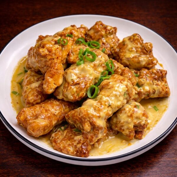 Crispy fried chicken pieces coated in a creamy golden sauce and garnished with sliced green onions on a white plate