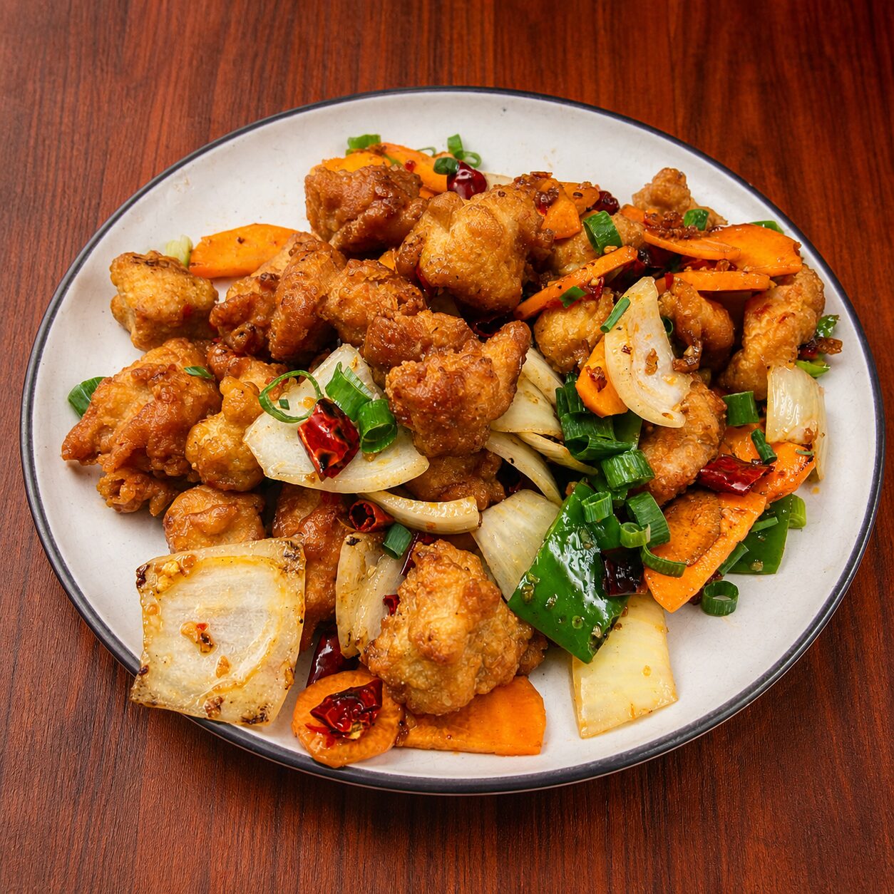 Stir-fried chicken with carrots, onions, green peppers, and dried chili peppers on a white plate