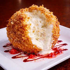 Deep Fried Ice Cream with Strawberry Sauce