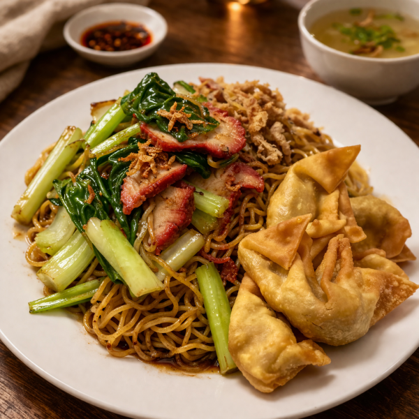 Plate of wonton noodles topped with sliced char siu pork, bok choy, and fried shallots, served with a side of soup and chili oil