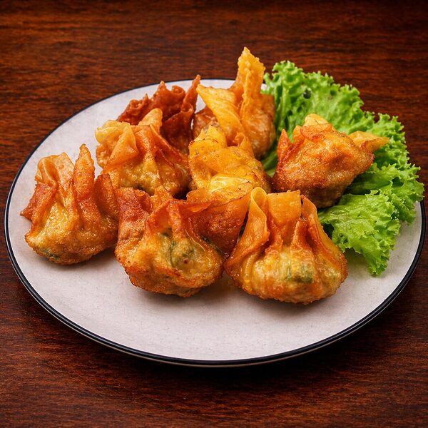 A plate of golden-brown fried wontons served with fresh lettuce on a wooden table