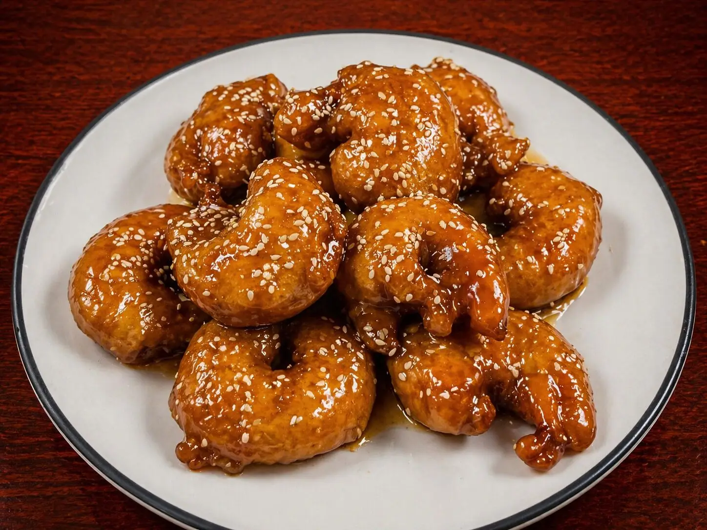 A plate of sesame shrimp glazed in a brown sauce