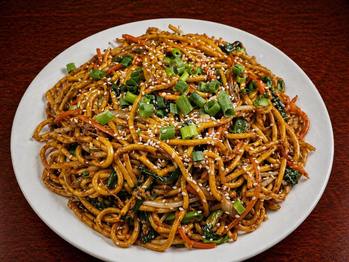Stir-fried noodles with vegetables, garnished with sesame seeds and chopped green onions on a white plate
