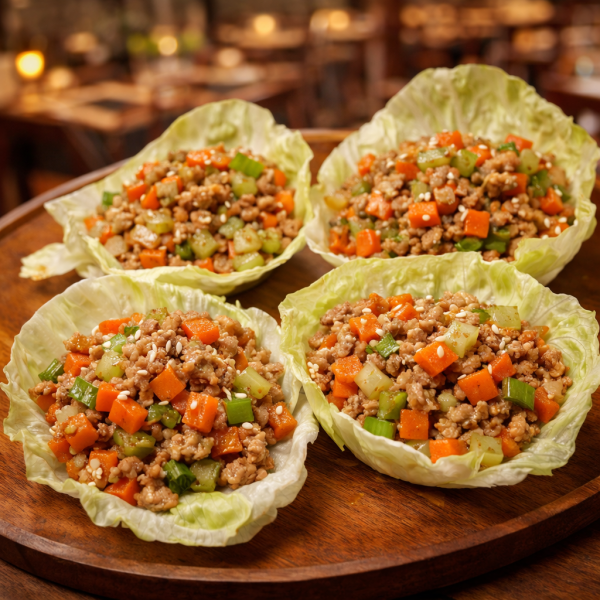 Four lettuce wraps filled with a mixture of ground meat, diced carrots, and celery, sprinkled with sesame seeds