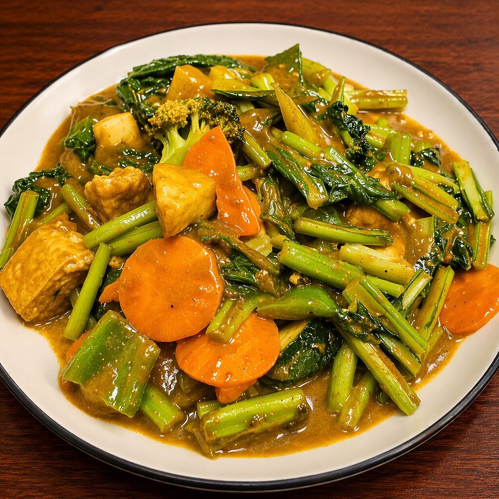 Stir-fried tofu with broccoli, carrots, and leafy greens in a savory brown sauce