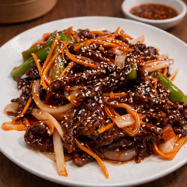 Stir-fried beef with julienned carrots, onions, and green peppers, sprinkled with sesame seeds on a white plate