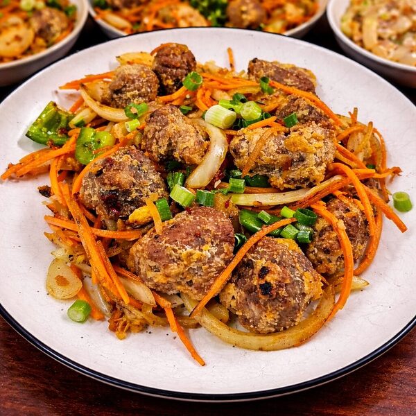 Stir-fried meatballs with shredded carrots, sliced onions, and green onions on a white plate