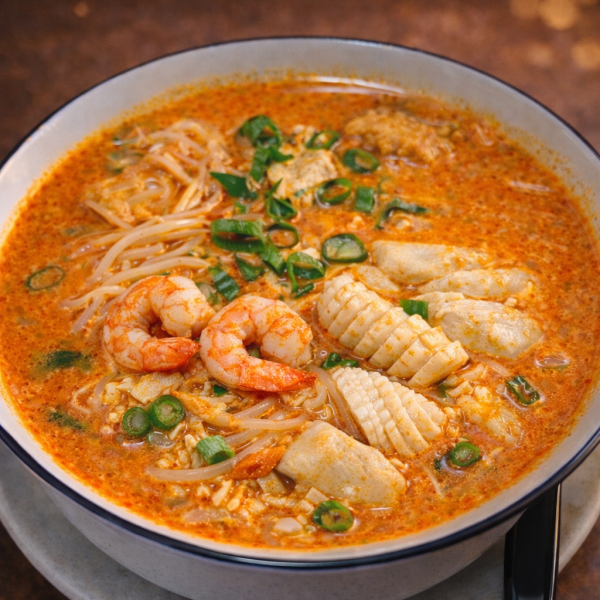 Bowl of spicy laksa noodle soup topped with shrimp, squid, and chopped green onions