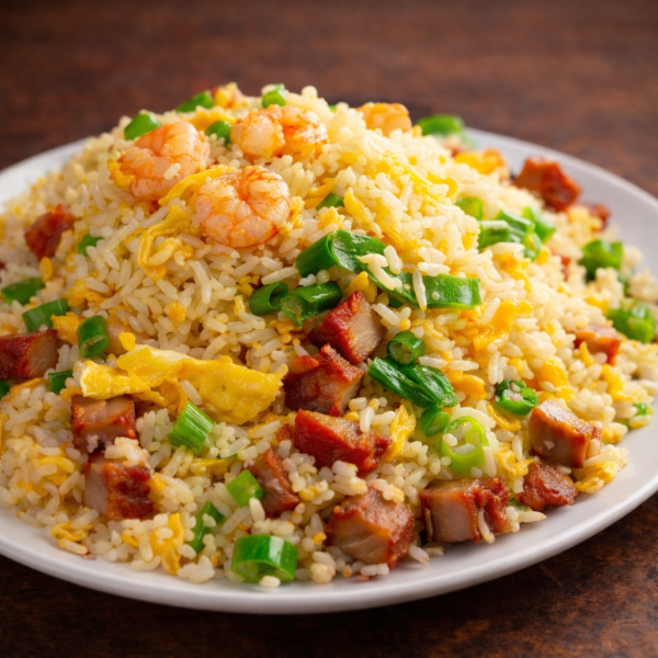 Shrimp and roast pork fried rice with egg and green onions on a white plate