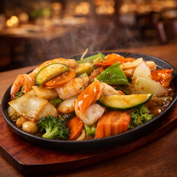 Steaming hot stir-fried seafood and mixed vegetables served on a sizzling cast-iron platter