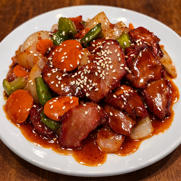 Stir-fried pork with carrots, onions, and green peppers in a glossy red sauce, topped with sesame seeds