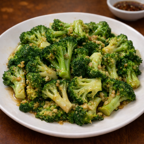 Stir-fried broccoli florets with minced garlic on a white plate