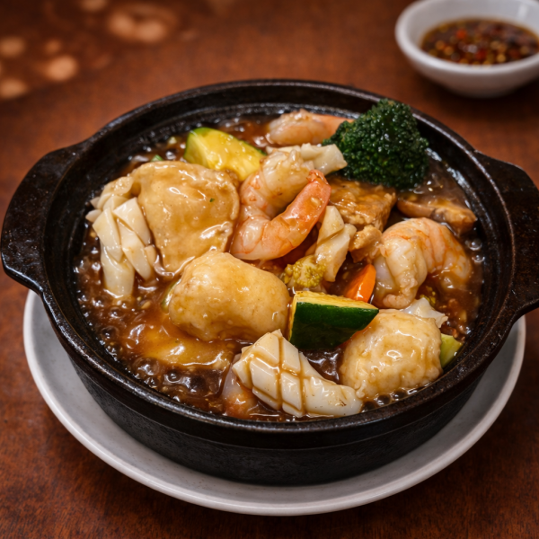 Sizzling clay pot dish featuring shrimp, squid, tofu, and broccoli in a savory brown sauce, served with a side of chili dipping sauce