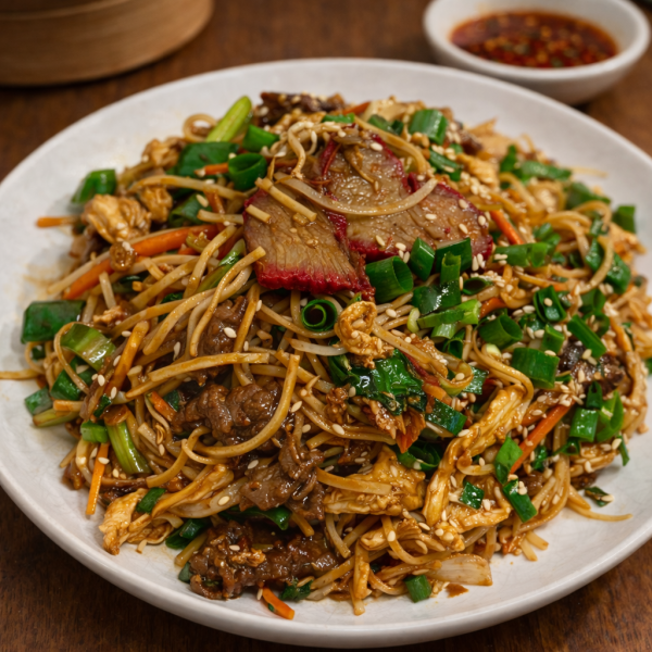 Plate of stir-fried noodles with sliced char siu pork, beef, green onions, and sesame seeds, served with a side of chili sauce