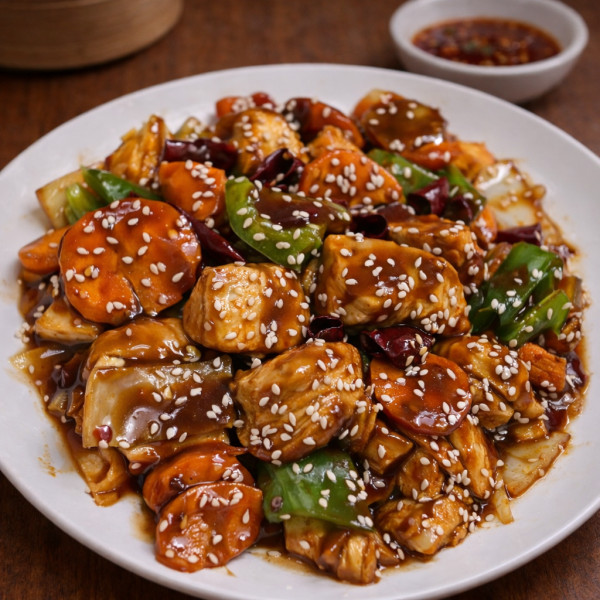 Stir-fried chicken with carrots, green bell peppers, and dried chili peppers in a savory sauce, topped with sesame seeds