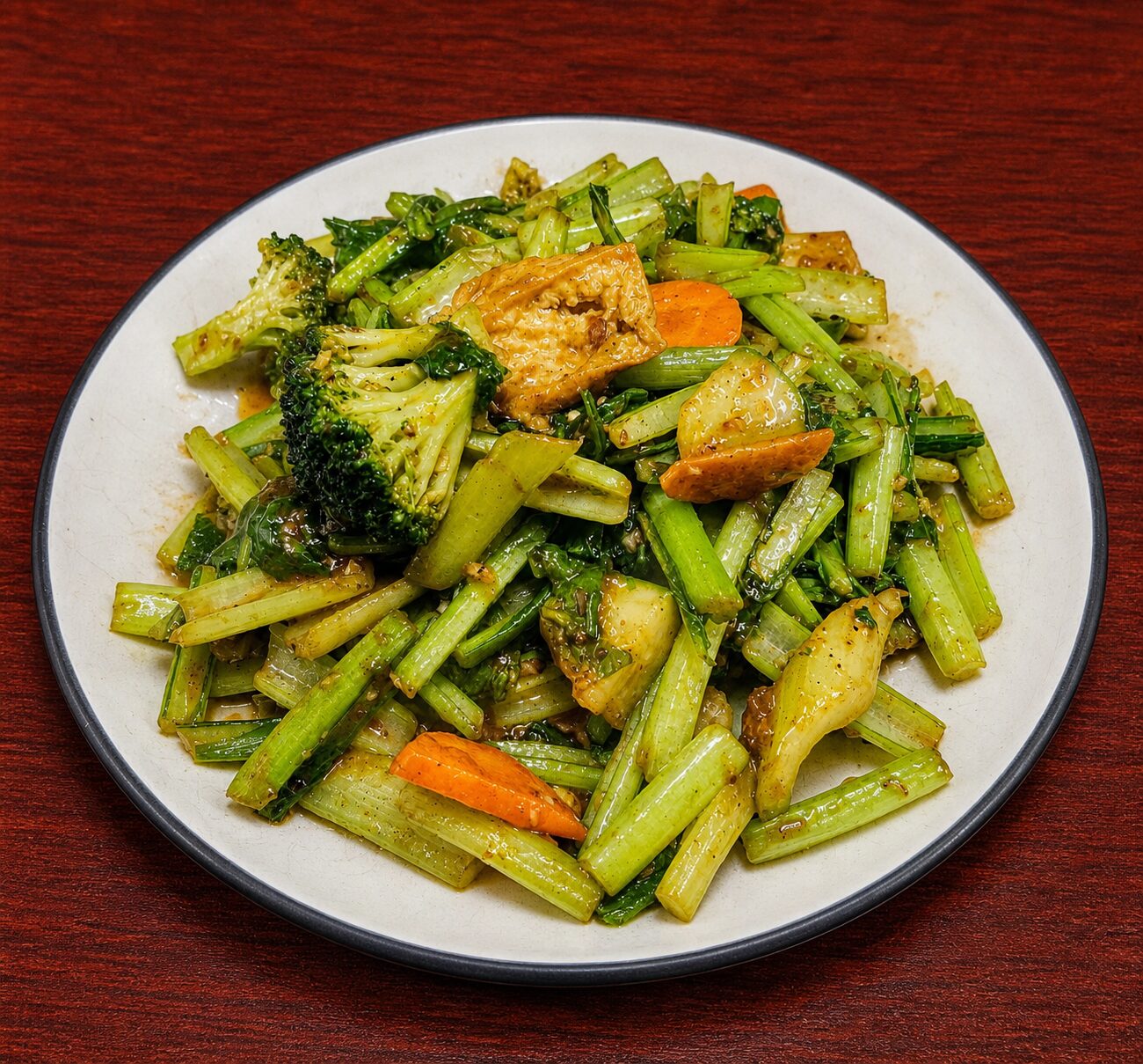 Stir-fried dish of broccoli, leafy greens, carrots, and tofu on a white plate
