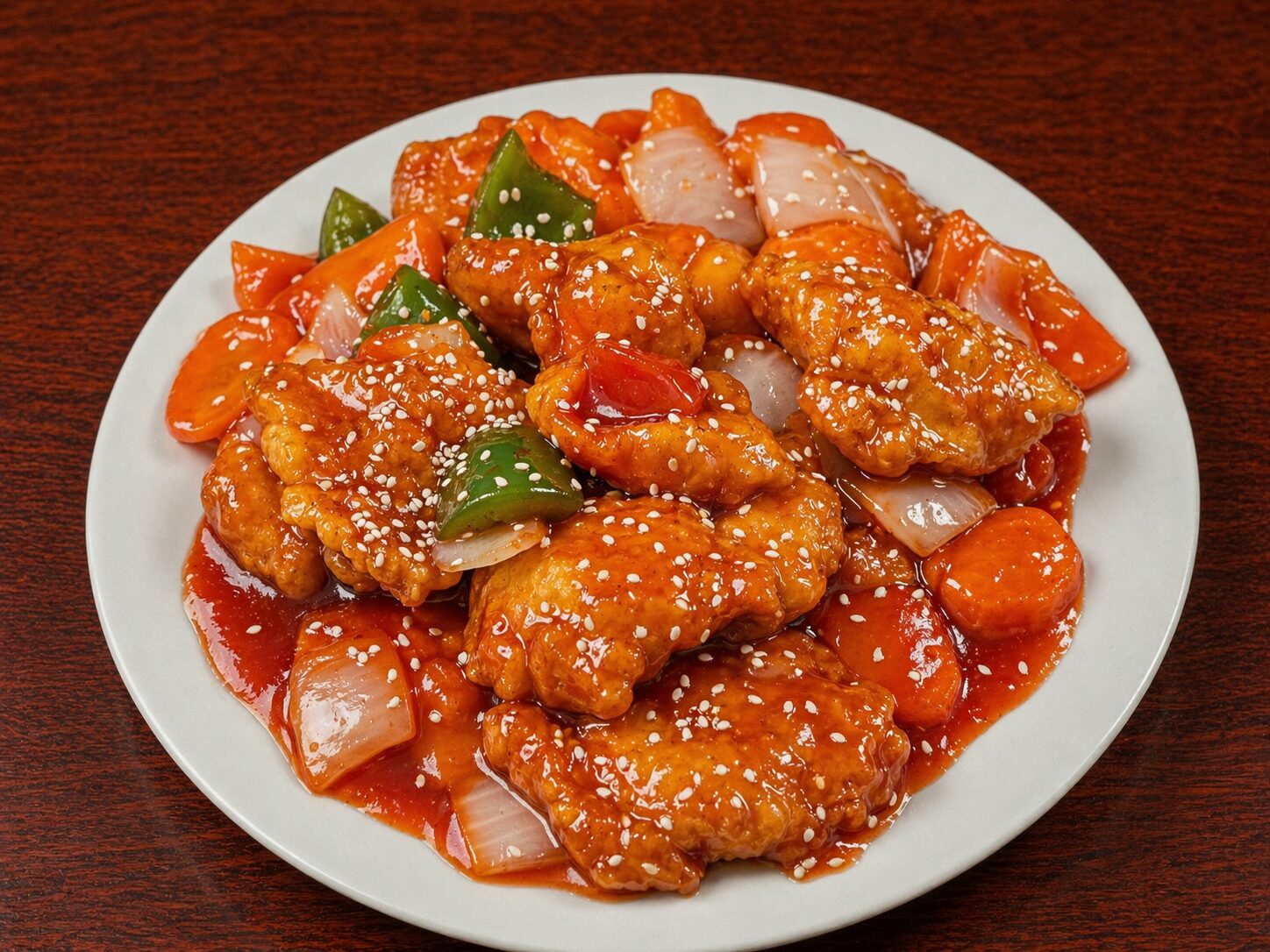 Sweet and sour chicken with bell peppers, onions, and carrots, sprinkled with sesame seeds on a white plate