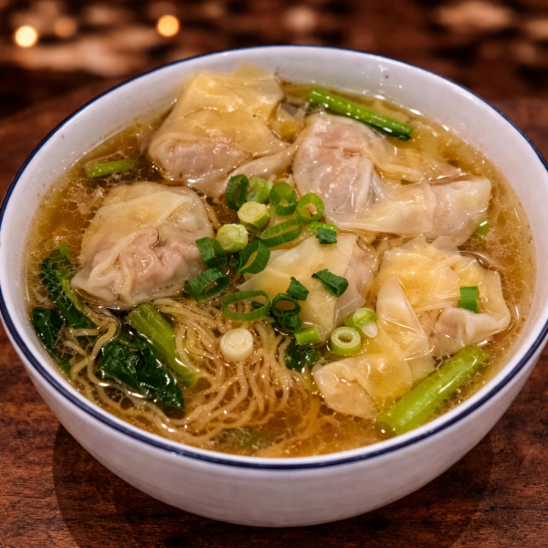 Bowl of wonton noodle soup with leafy greens and chopped scallions in a clear broth