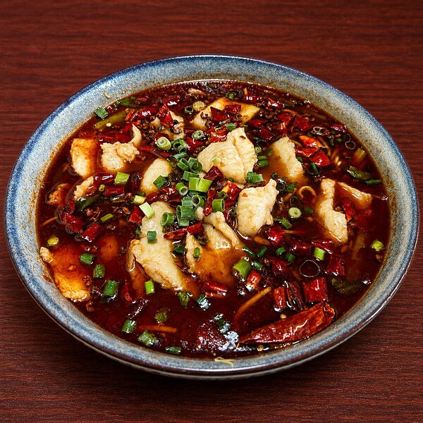 Bowl of spicy Sichuan-style boiled fish in a dark, chili-oil broth topped with green onions and dried red chili peppers